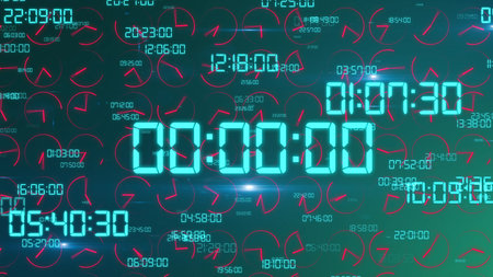 An innovative 3d rendering of an ultramodern timer with sparkling blue numbers of hours, minutes,...