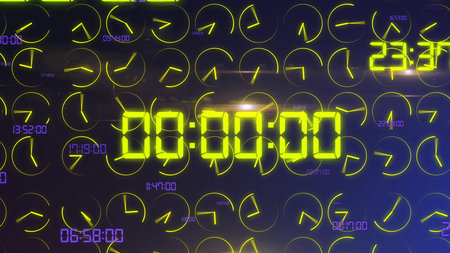 An impressive 3d illustration of a futuristic timer with sparkling yellow numbers of hours, minutes,...