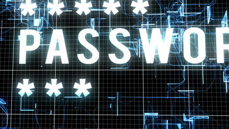 A striking 3d illustration of a white login command with eight five corner asterisks and shimmering square shapes imposed on a blue network in a black background, located directly.の写真素材