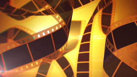 An old-fashioned 3d rendering of black and yellow film tape rolls covering the whole illustration. The light source is located behind the rolls of tape. It causes nostalgia.の写真素材