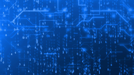 A sci-fi 3d rendering of a numeric holographic cyberspace. The Matrix style digits are levitating among wavy routes and curvy lines in the light blue background. They look futuristic and fine.の写真素材