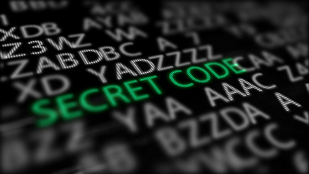 A striking 3d rendering of a secret code on a computer screen of a green color among grey letters, numbers and sentences. The SECRET CODE is placed in the black background.の写真素材