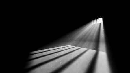 An emotional 3d rendering of an askew jail window light in a completely black prison cell. The beams of sun look like a ray of hope for freedom. They make wicked white stripes on prison floor.の写真素材
