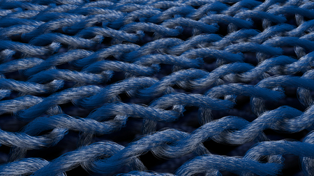 An amazing 3d rendering of rough material strands composed of loops connected with each other. They look like a crude ring-mail for knights. The fiber is in the black background put diagonally.の写真素材