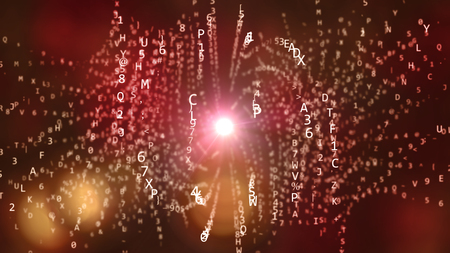 A spherical 3d illustration of whirling letters and numbers structured in multiple spirals in the dark purple background. The shining smear is in the center of the cyberspace. の写真素材