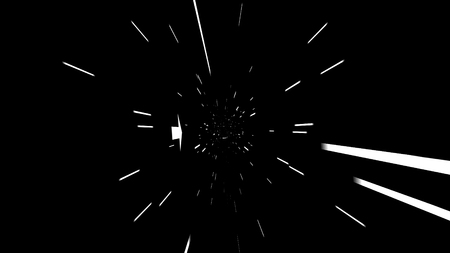 A volumetric 3d illustration of tunnel motion effects produced with narrow white lamps and arrows moving ahead. There is an illusion of a flying sci-fi spacecraft.の写真素材
