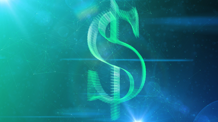A radiant 3d illustration of a dazzling dollar sign spinning aside in a grand way. It rotates in the center of a dark blue and light green cyberspace with internet lines.の写真素材