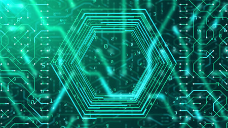 A hi-tech 3d illustration of a circuit board looking like a hexagonal tube with grids and Matrix...