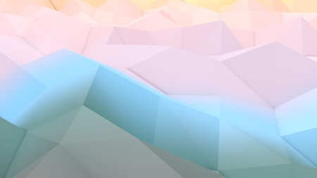 A lowpoly 3d illustration of a blue and pink backdrop with a hilly and volumetric surface. The area...