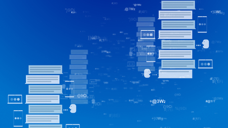 A cyberspace 3d illustration of email messages in the forms of books, files, piles and dots in the light blue background. Head profiles estimate the digital formulas and texts.の写真素材