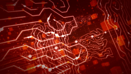 A fantastic 3d rendering of a circular processor with zigzag yellow lines, intricacies of shining rays, multiform objects, orange squares and cubes in the purple background. の写真素材