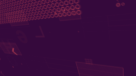A high-tech 3d rendering of rigid rectangular rosy grids covered with spotty chips, lines and arrows making a computer semiconductor put aslant in the dark violet backdrop.の写真素材