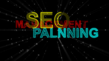 A professional 3d illustration of such concept words as SEO, management and planning. They are blue, yellow and red in the black background. They look encouraging and fine.の写真素材