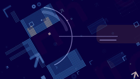 A stunning 3d rendering of blue and white techno squares, rectangles, dots, corners, circles and...