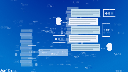 A computer graphics 3d rendering of email messages in the forms of books, files, packs and spots in the light blue background. Head images read the digital information.の写真素材