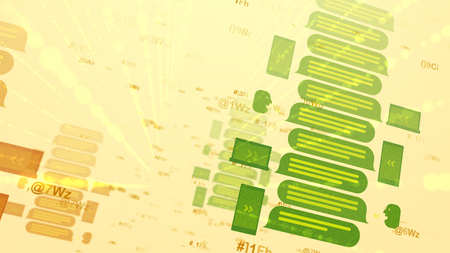 A volumetric 3d illustration of brown and green email messages in the forms of signs, symbols, files with three yellow stripes imposed on each other in the white backdrop put askew.の写真素材