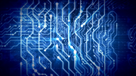 A stunning 3d rendering of a multidimensional circuit board with a grid of zigzag stripes and shimmering big and small dots marking processor routes in the blue backdrop. の写真素材