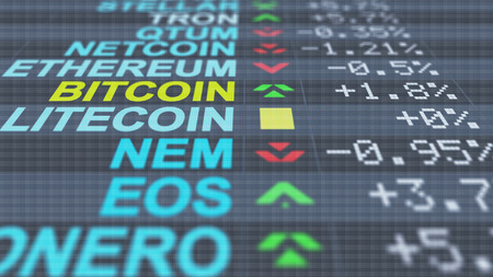 A breathtaking 3d illustration of chancy crypto currency market indicators of  Ethereum, Bitcoin, EOS with colorful numbers, arrows, pluses and minuses, on a black screen put aslant の写真素材