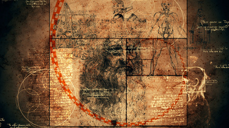 A retro 3d illustration of code Da Vinci with the Vitruvian man, showing anatomy details, portrait of the Italian genius, a human skull, a sphere with circles, and golden spiral. の写真素材