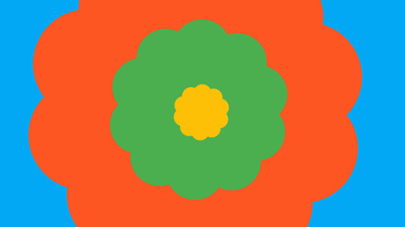A cheery 3d illustration of cartoon blossom with ten petals placed in each other. The smallest is yellow, the middle is green, and the biggest is orange. They are on the blue backdrop.の写真素材