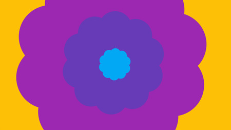 An optimistic 3d illustration of cartoon flower with many petals put in each other. The smallest is celeste, the middle is blue, and the biggest is violet. They are on the yellow backdrop.の写真素材