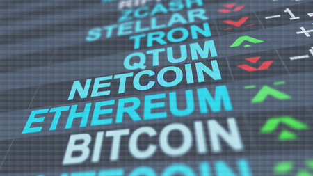 A thrilling 3d illustration of crypto currency exchange indicators of Bitcoin, Tron, Qtum, Stellar with white numbers, pluses and minuses, red and green arrows, on a screen placed aslant の写真素材