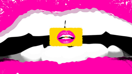 A passionate 3d rendering of a romantic female mouth with well shaped teeth and small rosy lips inside of it in the center of the picture. It looks like a pop art fantasy.の写真素材