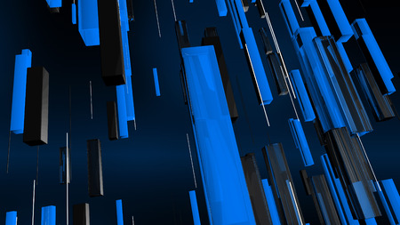 A wonderful 3d rendering of cyan and black rectangular lines falling together with white spokes in the dark blue background. They are full of jovial vitality and livelinessの写真素材
