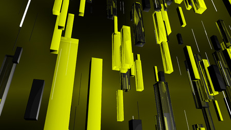 A luxurious 3d rendering of golden, grey and black rectangular tubes falling together with white lines in the dark yellow background. They create the mood of richness and prosperityの写真素材