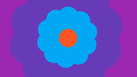 An arty 3d illustration of cartoon flowers with ten petals inserted in each other. The smallest is orange, the middle is blue, and the biggest is violet. They are on pink backdrop.の写真素材