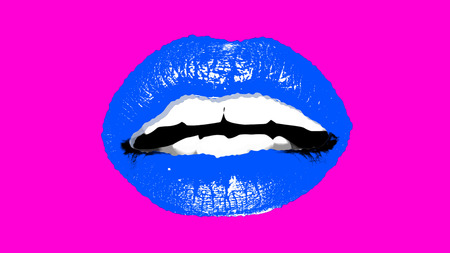 An arty 3d illustration of a romantic female mouth with vivid blue lips and healthy white teeth placed in the center of the pink background. It looks like a show business image.の写真素材