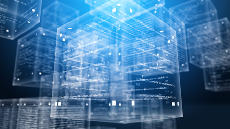 A futuristic 3d rendering of transparent program code boxes full of digits, letters, signs, symbols, texts and information in a volumetric cyberspace in the blue background.の写真素材
