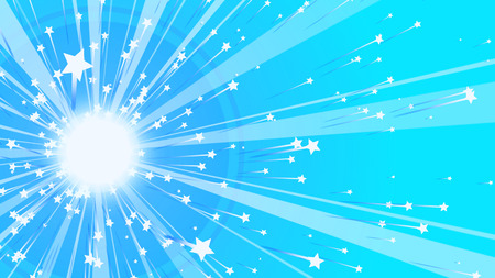 A joyful 3d illustration of a sparkling sun with wide and narrow rays gleaming around and five pointed stars at their tops in the light blue and hilarious background. の写真素材