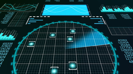 An advanced 3d rendering of an airplane scanner with columns of figures, histograms, pie charts, diagrams, and a big screen placed aslant with a blue network and detected craft spots. の写真素材