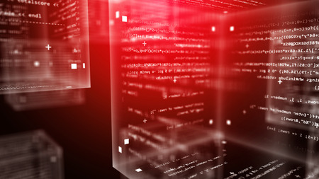 An innovative 3d illustration of transparent program code cubes flying in the purple computer world full of signs, symbols, digits and letters. The new software program is ready.の写真素材