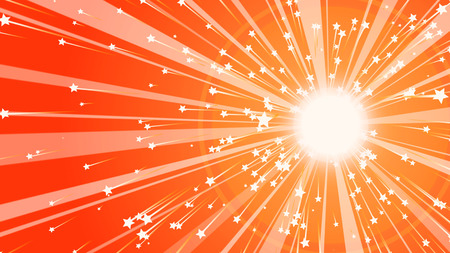 An arty 3d illustration of a shining sun with straight rays beaming around and sparkling stars at their spikes in the bright orange background. The image creates an optimistic mood.の写真素材