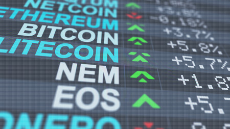 An exciting 3d illustration of crypto currency market indicators of Bitcoin, EOS, Litecoin, NEM with white numbers, pluses and minuses, red and green arrows, placed askew の写真素材
