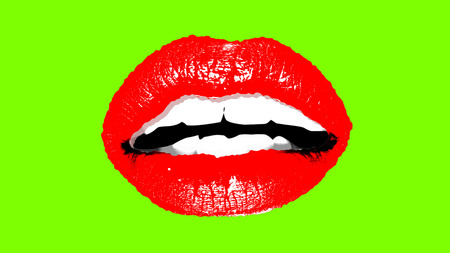 A pop art 3d illustration of a sexy female mouth with bright red lips and healthy white teeth in the neon green background. It looks like a showbiz image.の写真素材