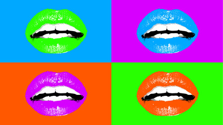 An affecting 3d illustration of four appealing female mouths with fleshy lips and well-shaped white teeth put in the multicolored backgrounds. They look appealing and lovely.の写真素材