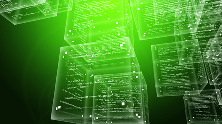 An ultramodern 3d illustration of crystalline program code boxes flying in the green pc cyberspace full of new software signs, symbols, numbers and letters. の写真素材