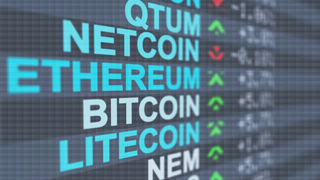 A professional 3d illustration of crypto currency market indicators of  Bitcoin, Qtum, Netcoin with numbers, pluses and minuses, red and green arrows, on a black screen put askew の写真素材