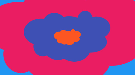 A funny 3d illustration of colorful cartoon clouds imposed on each other. The smallest is orange, the middle is violet, and the biggest is pink. They are in the blue backdrop.の写真素材