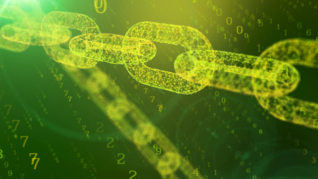 A splendid 3d illustration of a creeping diagonally golden chains protecting the cyberspace against the flying yellow digits of a programmed matrix in the khaki background.の写真素材