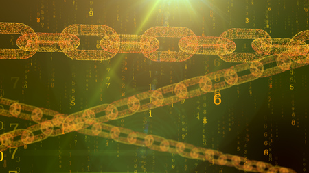 An impressive 3d illustration of heavy horizontal yellow chains protecting the cyberspace against the falling yellow digits of a programmed matrix in the khaki background.の写真素材