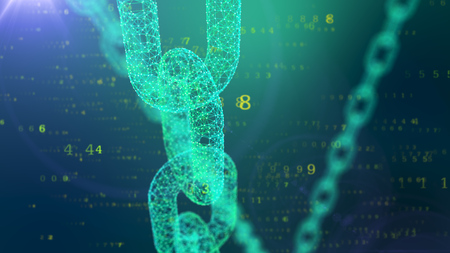 A striking 3d illustration of a moving vertically celeste chain protecting the cyberspace against the soaring horizontally golden digits of a matrix in the blue background.の写真素材
