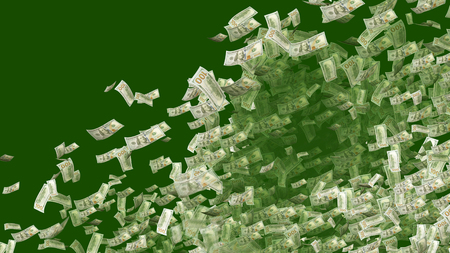 A wealthy 3d rendering of flying diagonally American dollars in the dark green background. They spin and revolve in a joyful way and create the mood of success and happiness.の写真素材