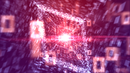 A wonderful 3d illustration of speedy white zeroes and ones passing through a rhomboid way looking like a gleaming lozenge with straight rows of info in the violet backdrop. の写真素材
