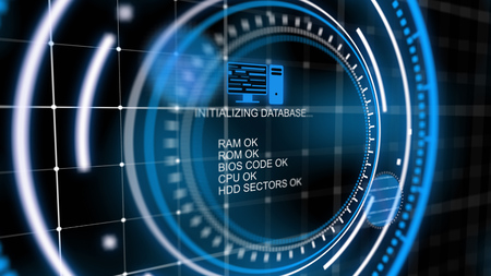 An advanced 3d rendering of a head-up screen initializing database and using CPU codes from short texts in the center of several turning blue circles in the black backgroundの写真素材
