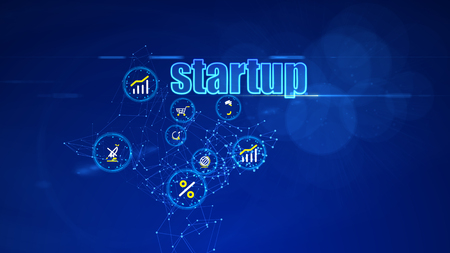A brainstorming 3d illustration of the investment startup projects displayed like icons in yellow circles in the blue background. The most frequent are energy, construction, stock market.の写真素材