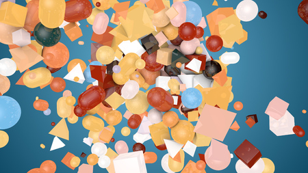 A retro 3d illustration of random shape teal background from colorful balls, squares, pills, lozenges, pyramids, cubes, falling down on a messy and chaotic stockpile.の写真素材